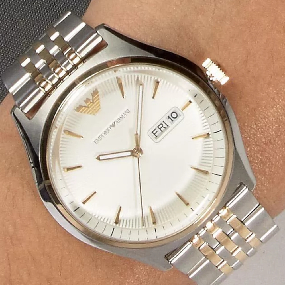 Emporio Armani Zeta AR11034 White Dial Gold Tone Bezel Metal Bracelet Mens Watch - Picture 14 of 15